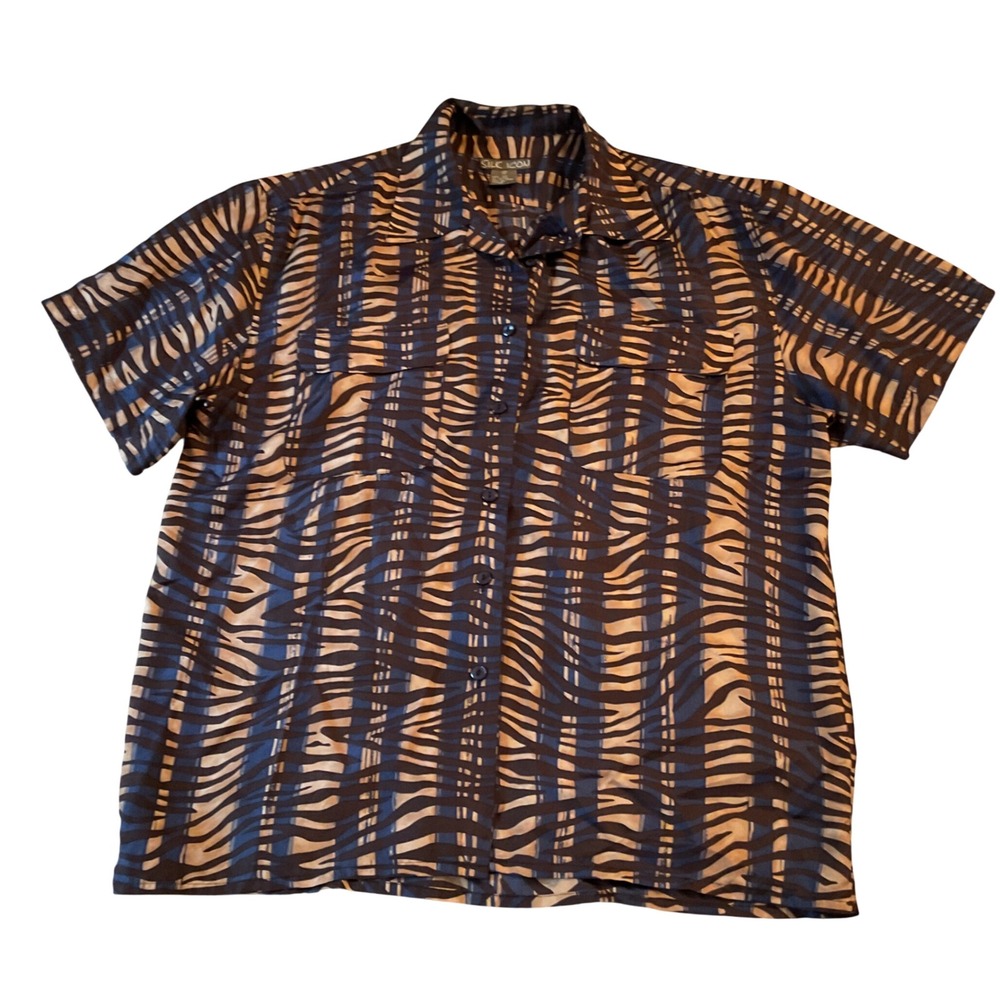 Silk Icon Womens 100% Silk Abstract Zebra Print Short Sleeve Button Down Shirt M